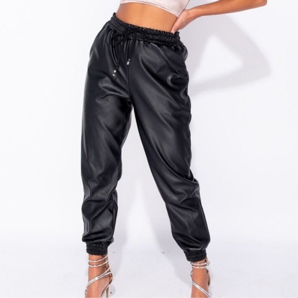 Akira Black Faux Leather Jogger Pants